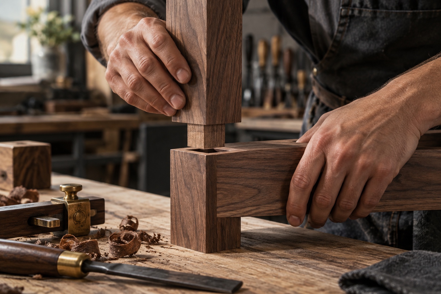 Furniture maker assembling a walnut mortise-and-tenon joint