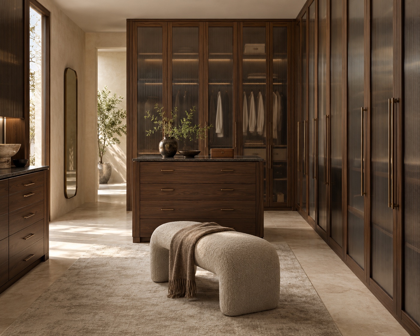 Dark walnut dressing room with reeded glass cabinetry